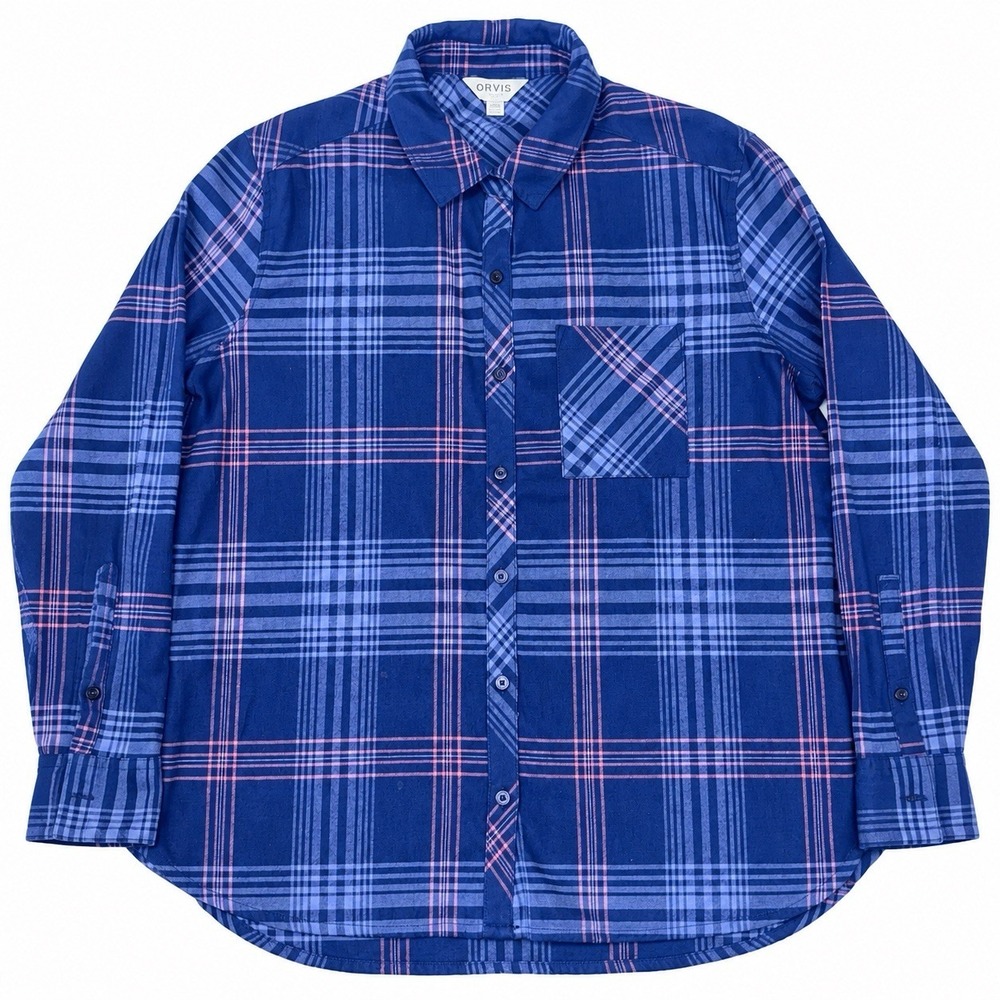 Orvis Womens XL Blue Pink Plaid Cotton Blend Long Sleeve Button Down Shirt 531